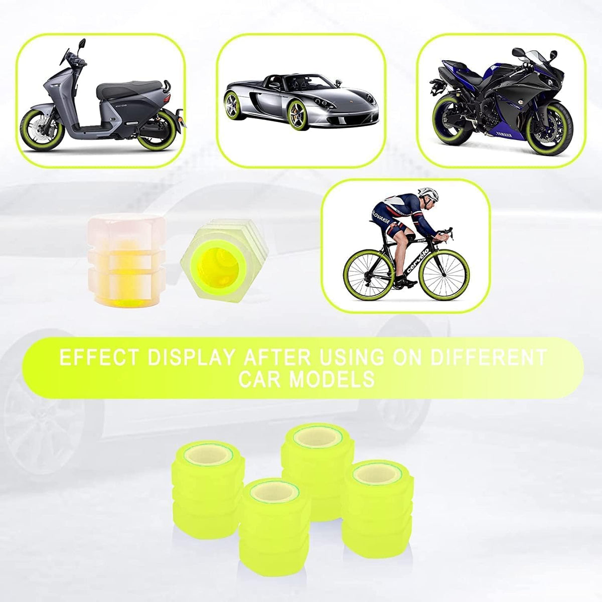 HEJISUN Car/Bike Wheel Tire Rim Air Valve Cap Radium Tyre Air Caps Cover Glow Radium Light Resistant Tire Pressure Caps, Universal for Car, Truck, Motorcycles, Bike (4pcs, Yellow) 