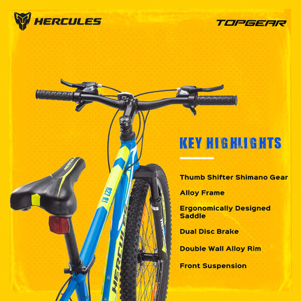HERCULES-TOP GEAR-A27 R1 with Shimano Gears-Matte Bright Blue 43.17 Inches, Boys , Mountain Bike , Geared cycle 