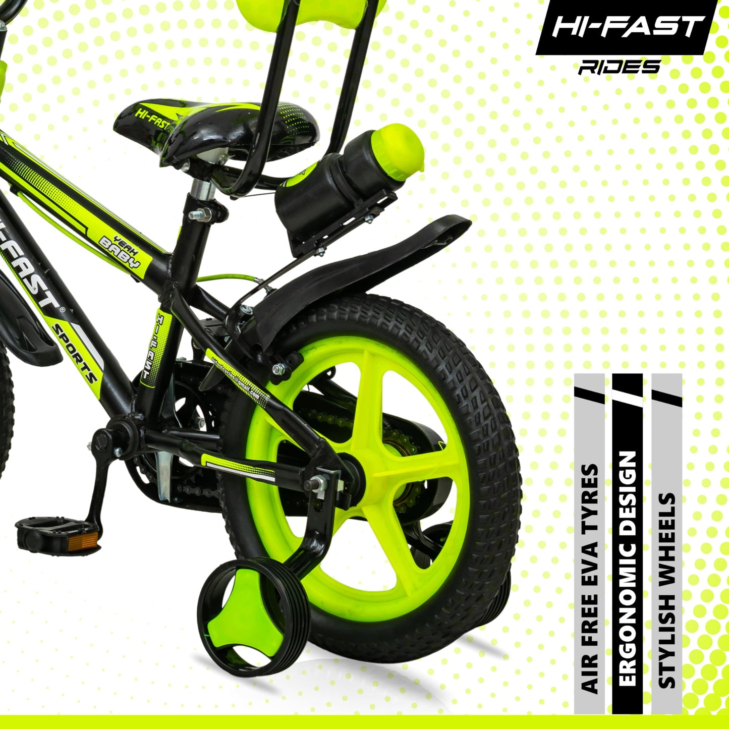 HI-FAST 14 inch Sports Kids Cycle for Boys & Girls 3 to 5 Years with Training Wheels (95% Assembled) (Green) 