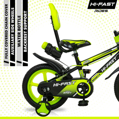 HI-FAST 14 inch Sports Kids Cycle for Boys & Girls 3 to 5 Years with Training Wheels (95% Assembled) (Green) 