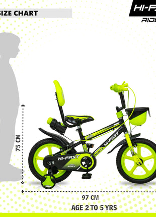 HI-FAST 14 inch Sports Kids Cycle for Boys & Girls 3 to 5 Years with Training Wheels (95% Assembled) (Green) 