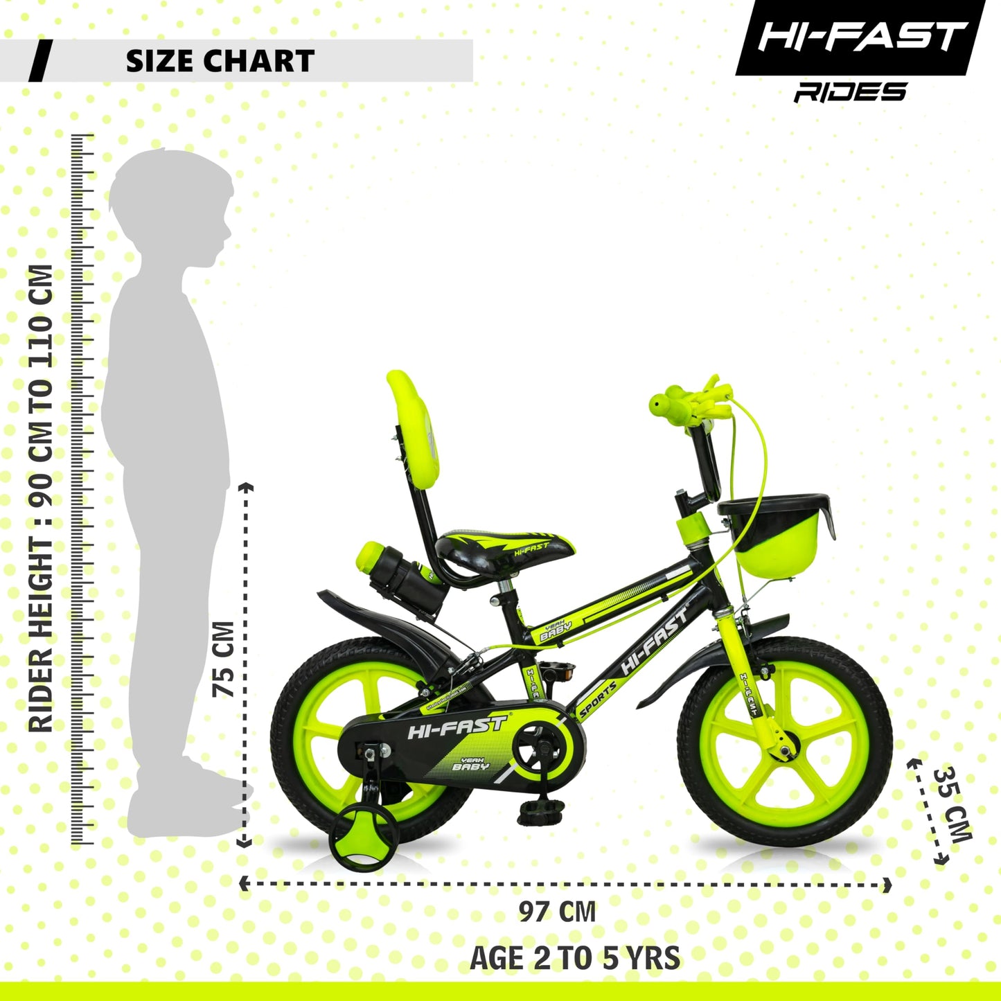 HI-FAST 14 inch Sports Kids Cycle for Boys & Girls 3 to 5 Years with Training Wheels (95% Assembled) (Green) 