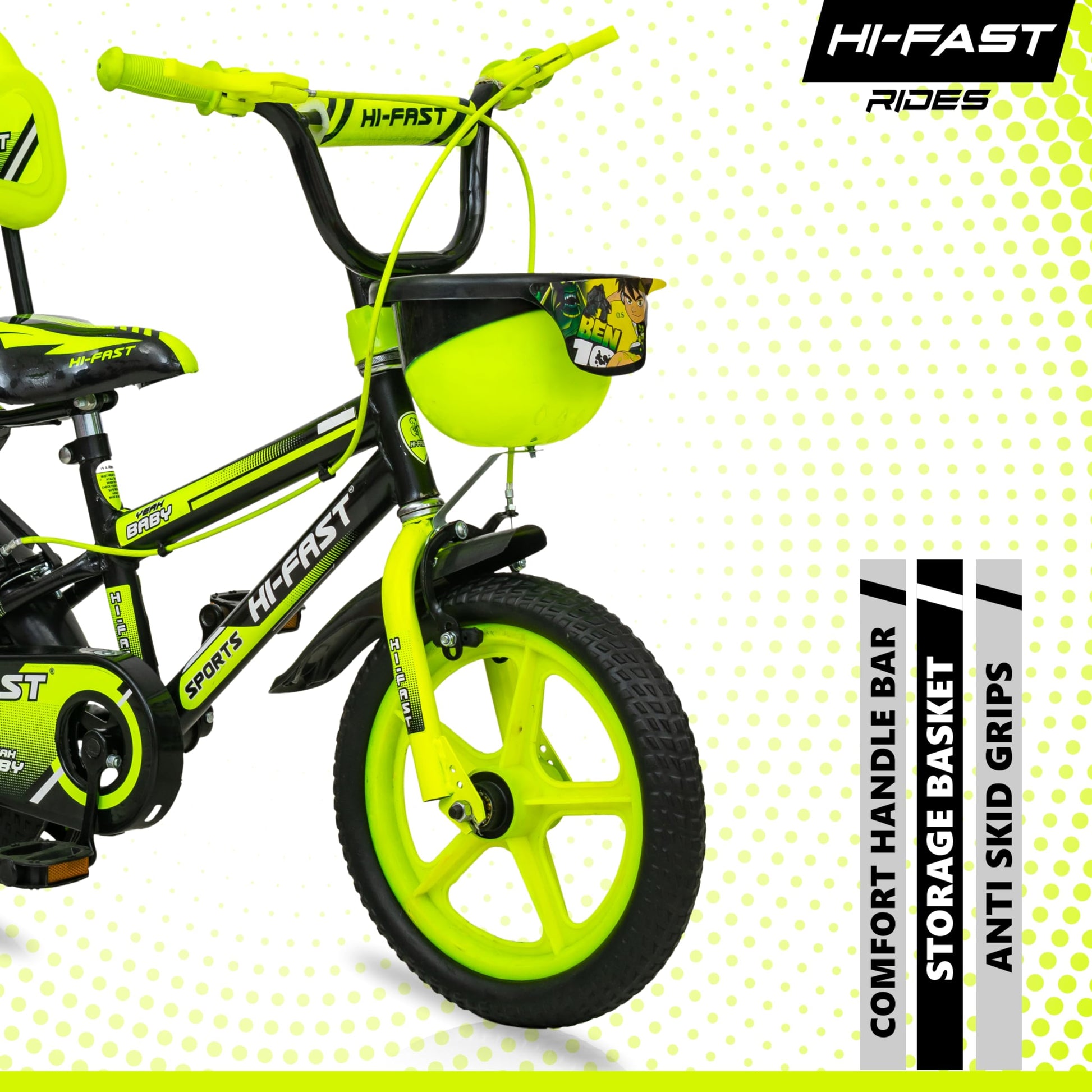 HI-FAST 14 inch Sports Kids Cycle for Boys & Girls 3 to 5 Years with Training Wheels (95% Assembled) (Green) 