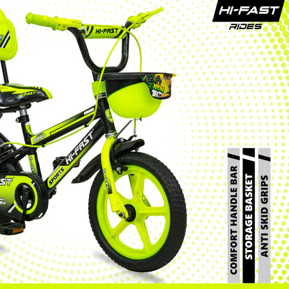 HI-FAST 14 inch Sports Kids Cycle for Boys & Girls 3 to 5 Years with Training Wheels (95% Assembled) (Green) 