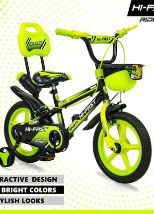 HI-FAST 14 inch Sports Kids Cycle for Boys & Girls 3 to 5 Years with Training Wheels (95% Assembled) (Green) 