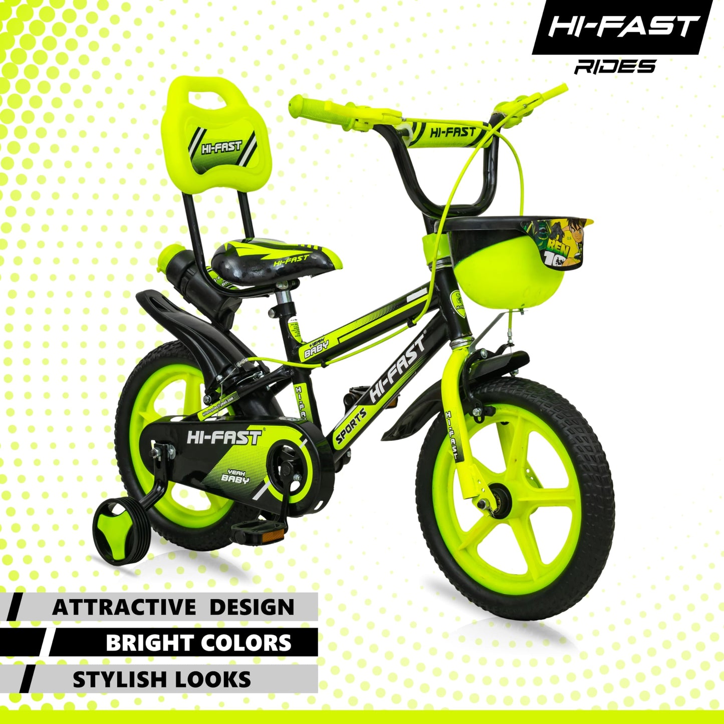 HI-FAST 14 inch Sports Kids Cycle for Boys & Girls 3 to 5 Years with Training Wheels (95% Assembled) (Green) 