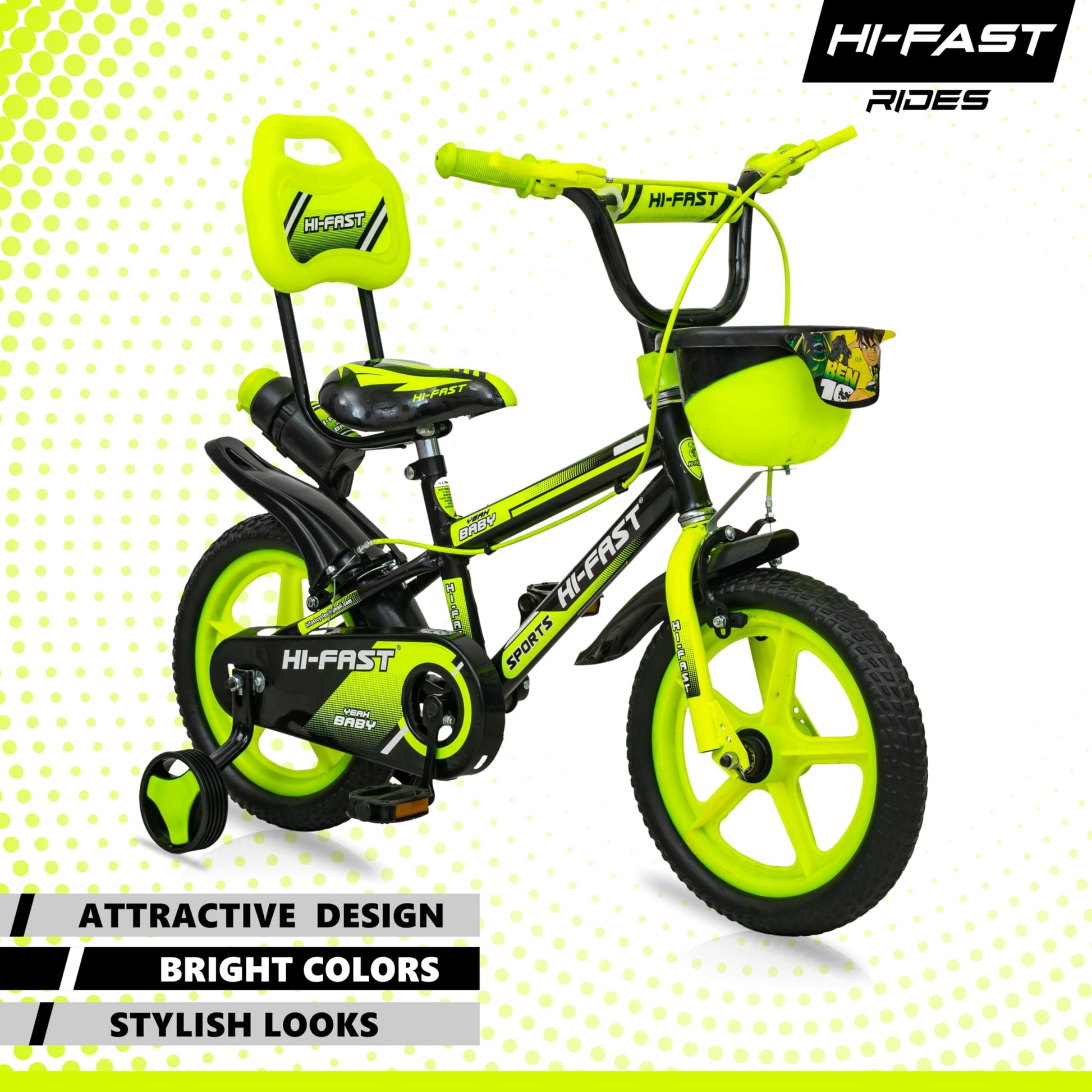 HI-FAST 14 inch Sports Kids Cycle for Boys & Girls 3 to 5 Years with Training Wheels (95% Assembled) (Green) 