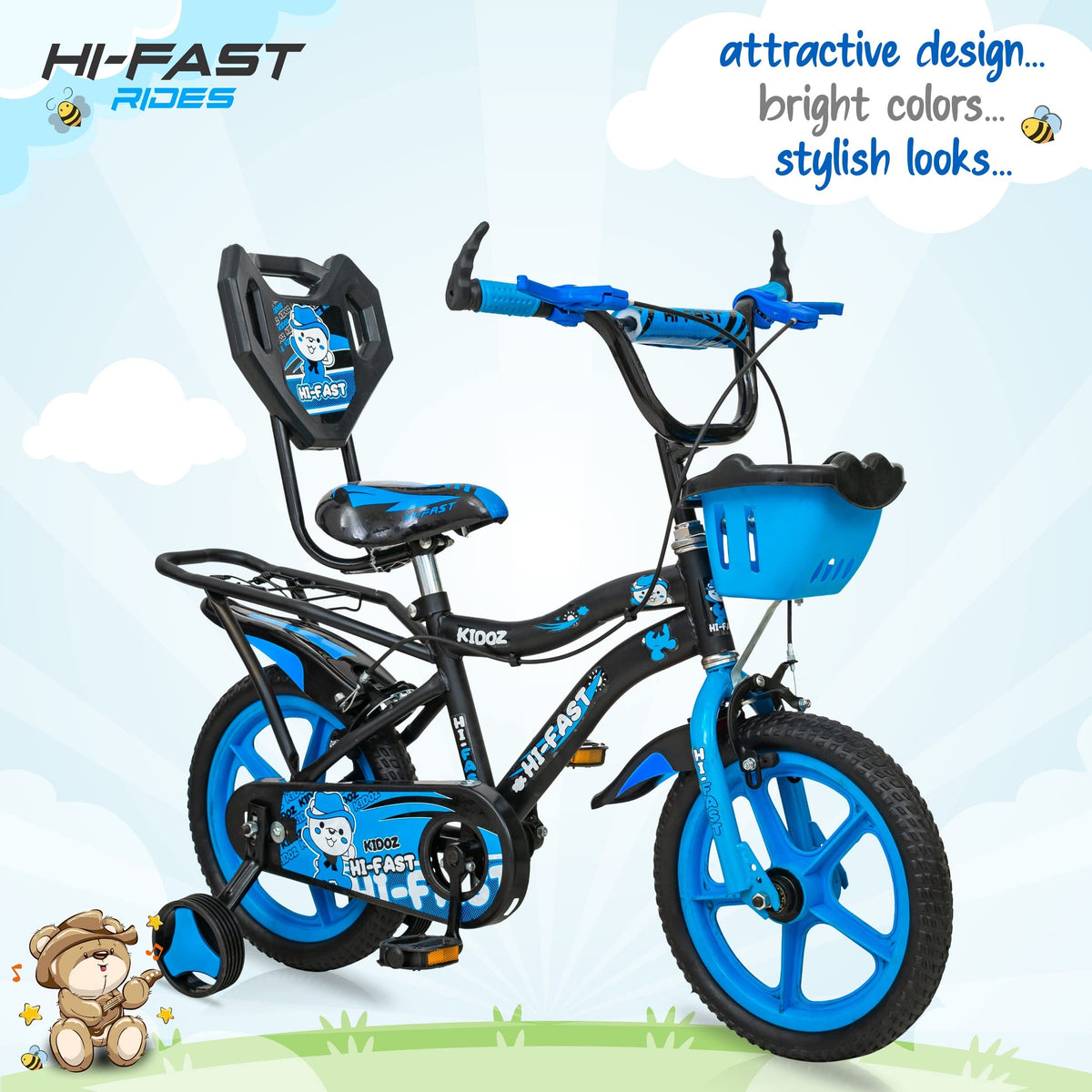 HI-FAST Kidoz Fun and Easy-Ride 14 Inch Cycles for Kids Ages 2-5 Years with Training Wheels and 95% Assembled, Rigid, Blue 
