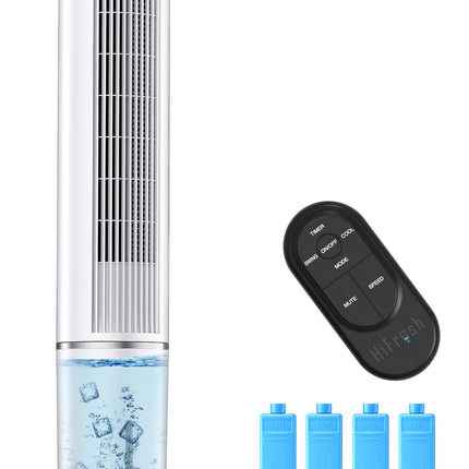 HIFRESH Air Cooler for Home, Mute Operation, 107CM Tower Cooler w/Remote & LED Display, 4 Mode & 3 Speed, 12H Timer, 26 Feet Air Delivery, 4L Water Tank, 4 Ice Packs, 70° Swing Control, 80W Low Power 