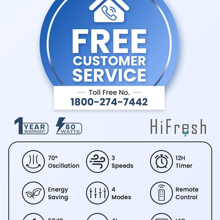 HIFRESH Air Cooler for Home, Mute Operation, 107CM Tower Cooler w/Remote & LED Display, 4 Mode & 3 Speed, 12H Timer, 26 Feet Air Delivery, 4L Water Tank, 4 Ice Packs, 70° Swing Control, 80W Low Power 