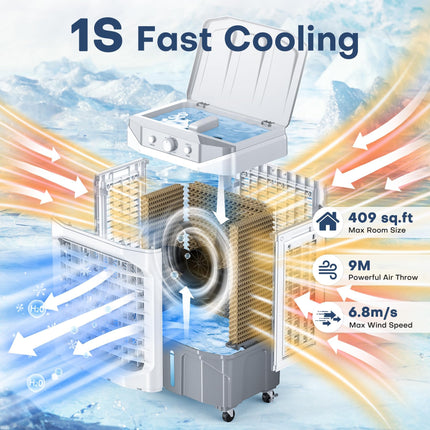 HIFRESH Air Cooler for Home, Silent Cooler with 20L Ice Chamber, 3 Speeds & Cooling Mode, 3-Side Antibacterial Honeycomb Pads, 4 Ice Packs, Powerful Throw, 70° Swing Air Cooler for Room Cooling 