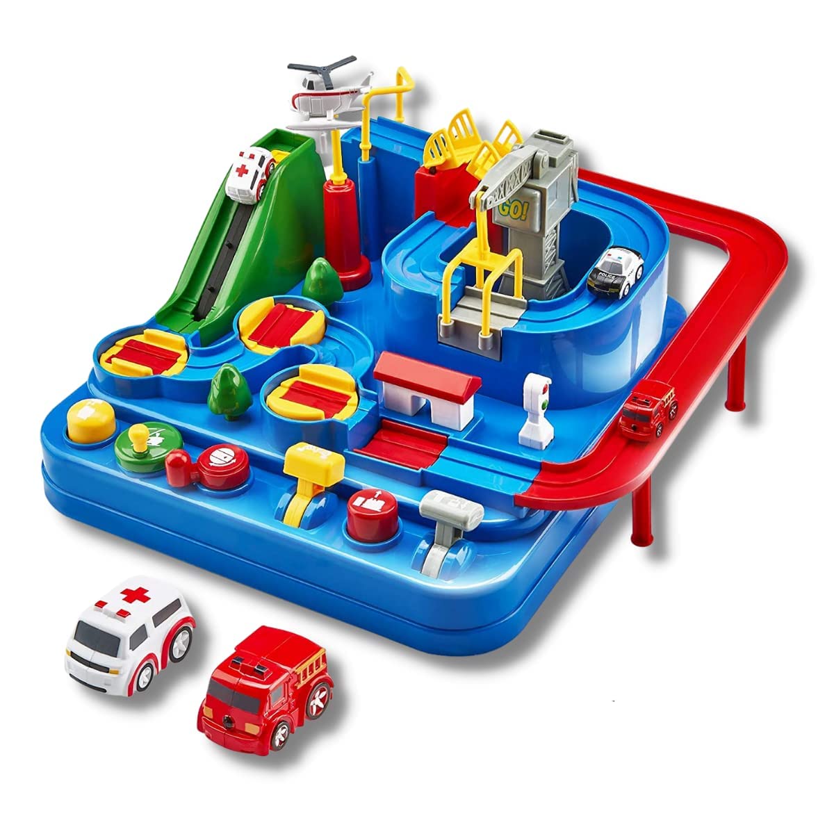 HIRNAYA Car Race Track Adventure Toys for 3+ Year Old Boys & Girls, City Rescue Preschool Educational Vehicle Puzzle Playset 