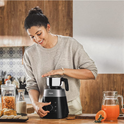 PHILIPS HL7777/00 Mixer Grinder, 750W, 4 Jars, Smart One-Touch Mode, 50%* Reduction in sound power, Digital Interface, Intelli-speed Technology for Pre-Set cooking, Soft Sound Technology, Metallic Silver and Bold Black, Large 
