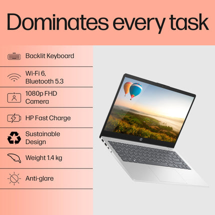 HP 14, 13th Gen Intel Core i5-1335U, 16GB DDR4, 512GB SSD, (Win 11, Office 21, Silver, 1.4kg), Anti-Glare, IPS, 14-inch(35.6cm) FHD Laptop, Intel Iris Xe Graphics, FHD Camera, Backlit KB, gr0001TU 