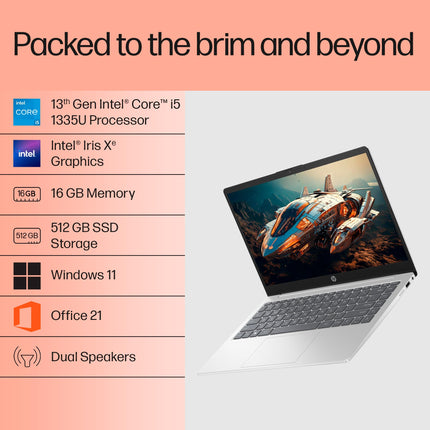 HP 14, 13th Gen Intel Core i5-1335U, 16GB DDR4, 512GB SSD, (Win 11, Office 21, Silver, 1.4kg), Anti-Glare, IPS, 14-inch(35.6cm) FHD Laptop, Intel Iris Xe Graphics, FHD Camera, Backlit KB, gr0001TU 