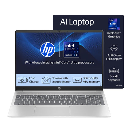 HP 14 AI, Intel Core Ultra 7 155H (16GB DDR5, 512GB SSD) FHD, Anti-Glare, 14"/35.6cm, Win11, Office21, Silver, 1.4kg, gr1023TU, Intel Arc Graphics, FHD Camera w/Shutter, Backlit Kb AI Powered Laptop 