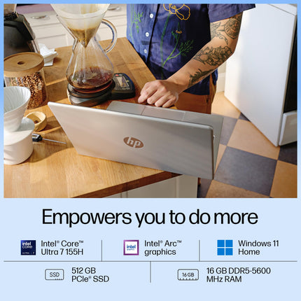 HP 14 AI, Intel Core Ultra 7 155H (16GB DDR5, 512GB SSD) FHD, Anti-Glare, 14"/35.6cm, Win11, Office21, Silver, 1.4kg, gr1023TU, Intel Arc Graphics, FHD Camera w/Shutter, Backlit Kb AI Powered Laptop 