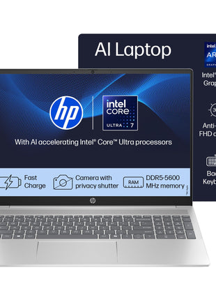 HP 14 AI, Intel Core Ultra 7 155H (16GB DDR5, 512GB SSD) FHD, Anti-Glare, 14"/35.6cm, Win11, Office21, Silver, 1.4kg, gr1023TU, Intel Arc Graphics, FHD Camera w/Shutter, Backlit Kb AI Powered Laptop 