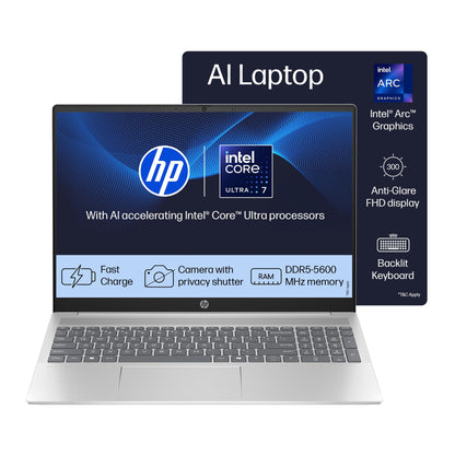 HP 14 AI, Intel Core Ultra 7 155H (16GB DDR5, 512GB SSD) FHD, Anti-Glare, 14"/35.6cm, Win11, Office21, Silver, 1.4kg, gr1023TU, Intel Arc Graphics, FHD Camera w/Shutter, Backlit Kb AI Powered Laptop 