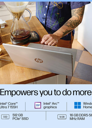 HP 14 AI, Intel Core Ultra 7 155H (16GB DDR5, 512GB SSD) FHD, Anti-Glare, 14"/35.6cm, Win11, Office21, Silver, 1.4kg, gr1023TU, Intel Arc Graphics, FHD Camera w/Shutter, Backlit Kb AI Powered Laptop 