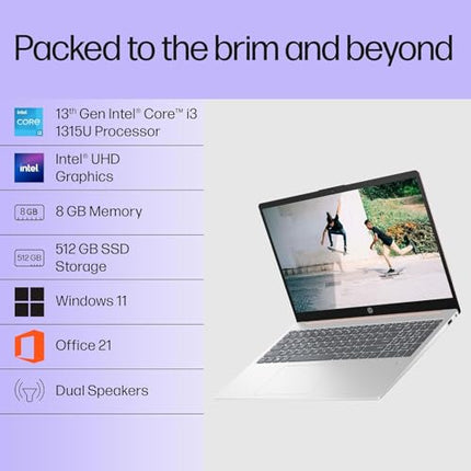 HP 15, 13th Gen Intel Core i3-1315U (8GB DDR4, 512GB SSD) FHD Anti-Glare Micro-Edge, 15.6"/39.6cm, Windows 11, MS Office 21, Grey, 1.59kg, fd0006TU, Intel UHD Graphics, 1080p FHD Camera Laptop 
