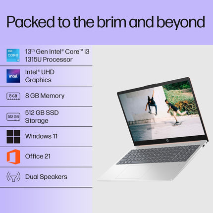 HP 15, 13th Gen Intel Core i3-1315U, 8GB DDR4, 512GB SSD, (Win 11, Office 21, Silver, 1.59kg), Anti-Glare, Micro-Edge, 15.6-inch(39.6cm), FHD Laptop, Intel UHD Graphics, 1080p FHD Camera, fd0186TU 