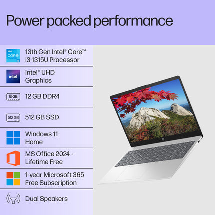 HP 15, 13th Gen Intel Core i3-1315U Laptop (12GB DDR4,512GB SSD) Anti-Glare, Micro-Edge,15.6''/39.6cm, FHD, Win11,M365 Basic(1yr),Office Home24, Silver,1.59kg, FHD Camera w/Privacy Shutter, fd0573TU 
