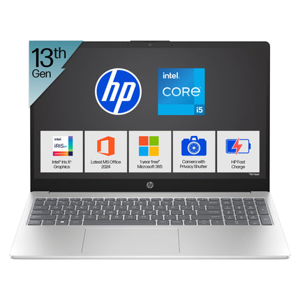 HP 15, 13th Gen Intel Core i5-1334U Laptop(16GB DDR4, 512GB SSD), 15.6"/39.6cm,FHD,Win 11,Office 24,Microsoft 365*, Silver,1.59kg, Iris Xe Graphics, FHD Camera w/Privacy Shutter, Backlit KB, fd0467tu 