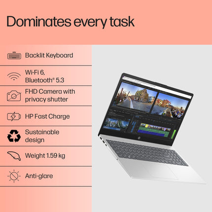 HP 15, 13th Gen Intel Core i5-1335U Laptop (16GB DDR4,512GB SSD) Anti-Glare, Micro-edge,15.6''/39.6cm, FHD, Win11,M365,Office24, Silver,1.59kg, Iris Xe Graphics, FHD Camera w/privacy shutter, fd0577TU 