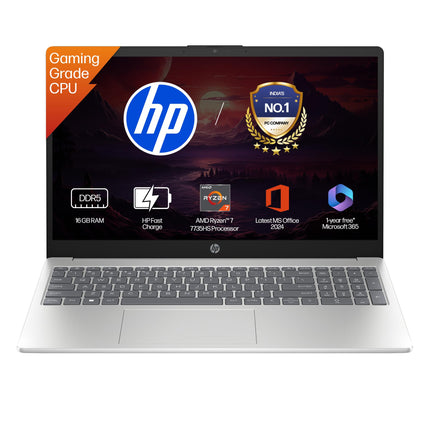 HP 15, AMD Ryzen 7 7735HS (16GB DDR5,512GB SSD) FHD, Anti-Glare, Micro-Edge, 15.6''/39.6cm, Win11, M365 Basic(1yr)* Office24, Silver, 1.59kg, fc1038AU, AMD Radeon FHD Camera w/Shutter, Backlit Laptop 