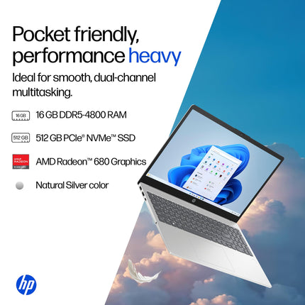 HP 15, AMD Ryzen 7 7735HS (16GB DDR5,512GB SSD) FHD, Anti-Glare, Micro-Edge, 15.6''/39.6cm, Win11, M365 Basic(1yr)* Office24, Silver, 1.59kg, fc1038AU, AMD Radeon FHD Camera w/Shutter, Backlit Laptop 