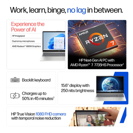 HP 15, AMD Ryzen 7 7735HS (16GB DDR5,512GB SSD) FHD, Anti-Glare, Micro-Edge, 15.6''/39.6cm, Win11, M365 Basic(1yr)* Office24, Silver, 1.59kg, fc1038AU, AMD Radeon FHD Camera w/Shutter, Backlit Laptop 