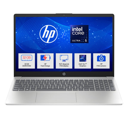 HP 15, Intel Ultra 5 125H, 12 Tops (32GB DDR5, 1TB SSD) FHD, IPS, 15.6''/39.6cm, Win11, M365 Basic(1yr)*Office24, Silver, 1.65kg, fd1279TU, Intel Arc Graphics, FHD Camera, Backlit, AI Powered Laptop 
