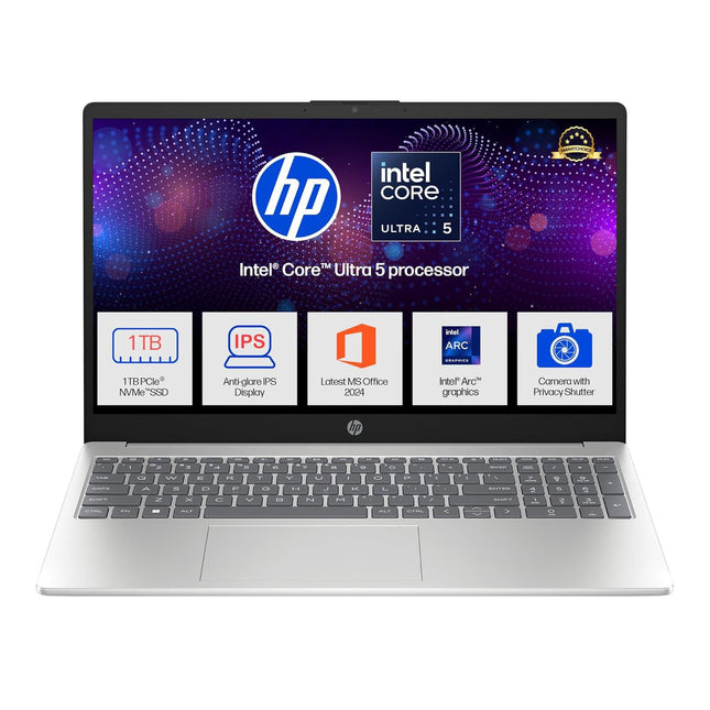 HP 15,Intel Ultra 5 125H (16GB DDR5, 1TB SSD) FHD, IPS, 15.6''/39.6cm, Win11, M365 Basic(1yr)*Office24, Silver, 1.65kg, fd1354TU, Intel Arc Graphics, FHD Camera w/Shutter, AI Powered Laptop 
