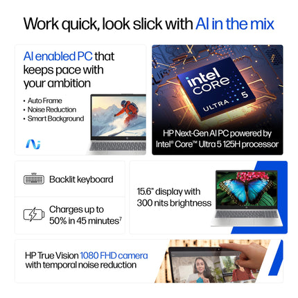 HP 15,Intel Ultra 5 125H (16GB DDR5, 1TB SSD) FHD, IPS, 15.6''/39.6cm, Win11, M365 Basic(1yr)*Office24, Silver, 1.65kg, fd1354TU, Intel Arc Graphics, FHD Camera w/Shutter, AI Powered Laptop 