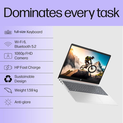 HP 15, 13th Gen Intel Core i3-1315U, 8GB DDR4, 512GB SSD, (Win 11, Office 21, Silver, 1.59kg), Anti-Glare, Micro-Edge, 15.6-inch(39.6cm), FHD Laptop, Intel UHD Graphics, 1080p FHD Camera, fd0186TU 