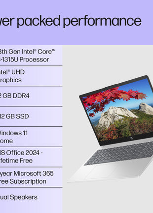 HP 15, 13th Gen Intel Core i3-1315U Laptop (12GB DDR4,512GB SSD) Anti-Glare, Micro-Edge,15.6''/39.6cm, FHD, Win11,M365 Basic(1yr),Office Home24, Silver,1.59kg, FHD Camera w/Privacy Shutter, fd0573TU 