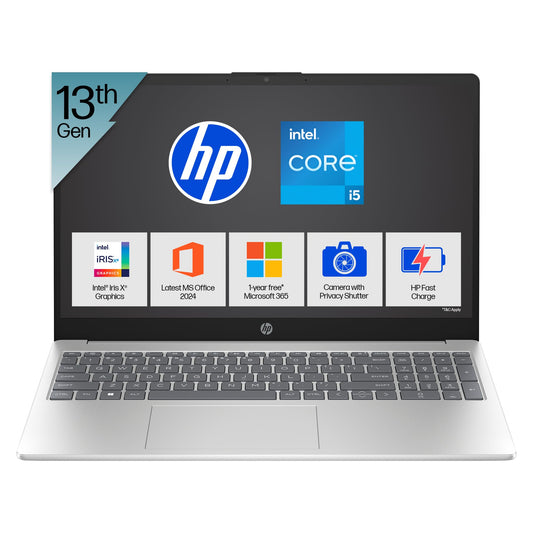 HP 15, 13th Gen Intel Core i5-1335U Laptop (16GB DDR4,512GB SSD) Anti-Glare, Micro-edge,15.6''/39.6cm, FHD, Win11,M365,Office24, Silver,1.59kg, Iris Xe Graphics, FHD Camera w/privacy shutter, fd0577TU 