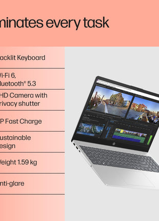 HP 15, 13th Gen Intel Core i5-1335U Laptop (16GB DDR4,512GB SSD) Anti-Glare, Micro-edge,15.6''/39.6cm, FHD, Win11,M365,Office24, Silver,1.59kg, Iris Xe Graphics, FHD Camera w/privacy shutter, fd0577TU 