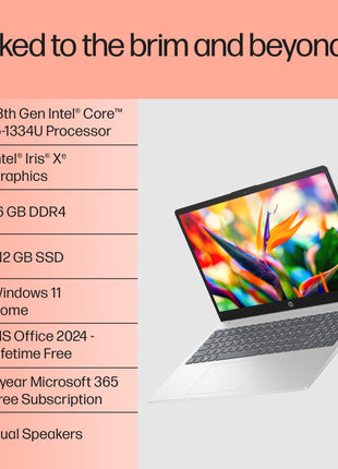 HP 15, 13th Gen Intel Core i5-1335U Laptop (16GB DDR4,512GB SSD) Anti-Glare, Micro-edge,15.6''/39.6cm, FHD, Win11,M365,Office24, Silver,1.59kg, Iris Xe Graphics, FHD Camera w/privacy shutter, fd0577TU 