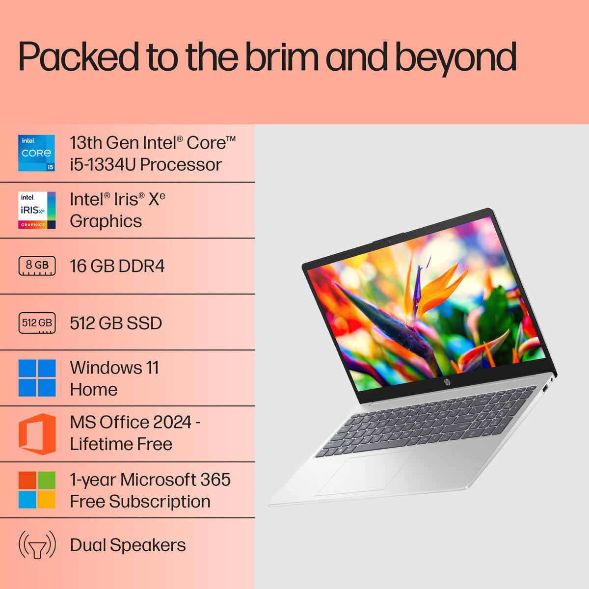 HP 15, 13th Gen Intel Core i5-1335U Laptop (16GB DDR4,512GB SSD) Anti-Glare, Micro-edge,15.6''/39.6cm, FHD, Win11,M365,Office24, Silver,1.59kg, Iris Xe Graphics, FHD Camera w/privacy shutter, fd0577TU 