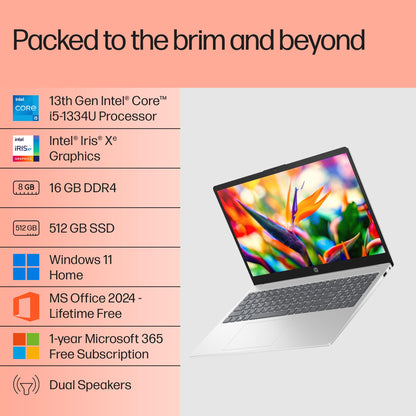 HP 15, 13th Gen Intel Core i5-1335U Laptop (16GB DDR4,512GB SSD) Anti-Glare, Micro-edge,15.6''/39.6cm, FHD, Win11,M365,Office24, Silver,1.59kg, Iris Xe Graphics, FHD Camera w/privacy shutter, fd0577TU 