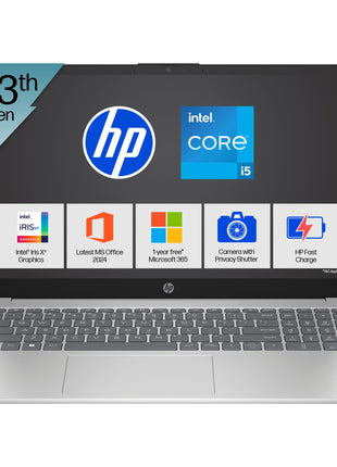 HP 15, 13th Gen Intel Core i5-1334U Laptop(16GB DDR4, 512GB SSD), 15.6"/39.6cm,FHD,Win 11,Office 24,Microsoft 365*, Silver,1.59kg, Iris Xe Graphics, FHD Camera w/Privacy Shutter, Backlit KB, fd0467tu 