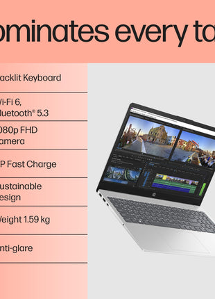 HP 15, 13th Gen Intel Core i5-1334U Laptop(16GB DDR4, 512GB SSD), 15.6"/39.6cm,FHD,Win 11,Office 24,Microsoft 365*, Silver,1.59kg, Iris Xe Graphics, FHD Camera w/Privacy Shutter, Backlit KB, fd0467tu 
