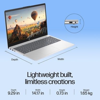 HP 15, Intel Core Ultra 5-125H AI Powered Laptop (16GB RAM, 512GB SSD), IPS, 300nits, 15.6"/39.6cm, FHD, Win 11, Office 2021, Silver, 1.65Kg, Intel Arc Graphics, FHD Camera, Backlit KB, fd1099TU 