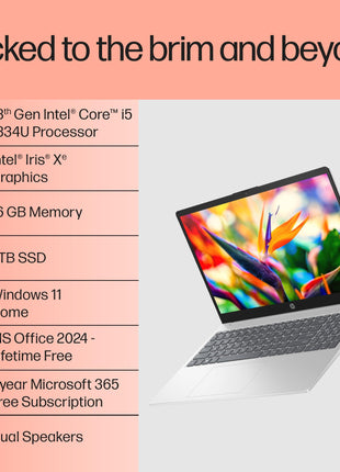 HP 15, 13th Gen Intel Core i5-1334U Laptop (16GB DDR4,1TB SSD) Anti-Glare, Micro-Edge,15.6''/39.6cm, FHD, Win11, M365 Basic(1yr),Office Home24, Silver,1.59kg, Iris Xe, FHD Camera w/Shutter, FD0552TU 