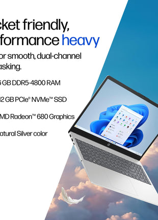 HP 15, AMD Ryzen 7 7735HS (16GB DDR5,512GB SSD) FHD, Anti-Glare, Micro-Edge, 15.6''/39.6cm, Win11, M365 Basic(1yr)* Office24, Silver, 1.59kg, fc1038AU, AMD Radeon FHD Camera w/Shutter, Backlit Laptop 