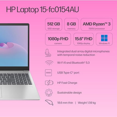 HP 15, AMD Ryzen 3 7320U Laptop (8GB LPDDR5, 512GB SSD) Anti-Glare, Micro-Edge, 15.6"/39.6cm,FHD, Win 11, Silver, 1.59kg, AMD Radeon Graphics, 1080p HD Camera, fc0154AU 