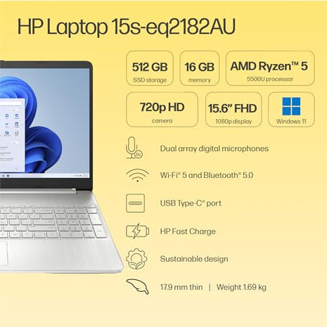 HP 15S AMD Ryzen 5000 (16GB Ram/512GB SSD/Fhd/Windows 11/Ms Office 21/Backlit Keyboard/ 15.6" (39.6 Cm)/Silver/2.21 Kg) Eq2305Au/Eq2182Au Laptop 