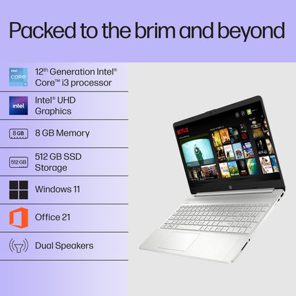 HP 15s, 12th Gen Intel Core i3-1215U Laptop (8GB DDR4, 512GB SSD) Anti-Glare, 15.6"/39.6cm,FHD, Win 11, MS Office 21, Silver, 1.69kg, Intel UHD Graphics, HD Camera, Dual Speakers, fy5006tu 
